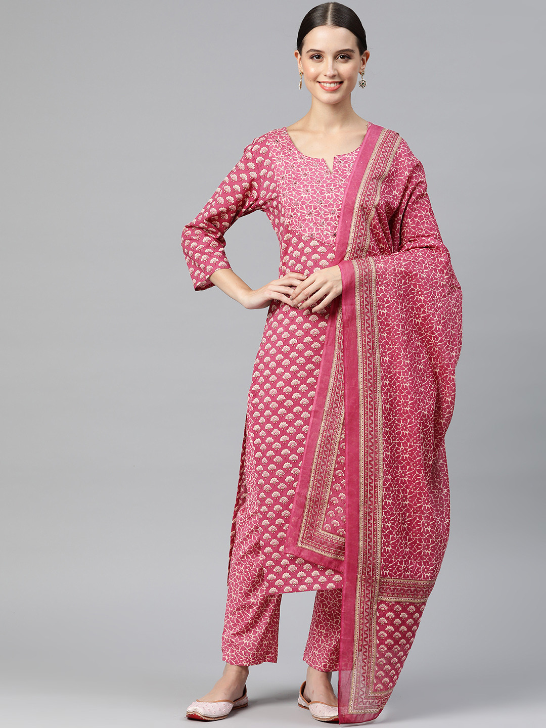 

Readiprint Fashions Women Floral Printed Mirror Work Kurta with Palazzos & With Dupatta, Pink