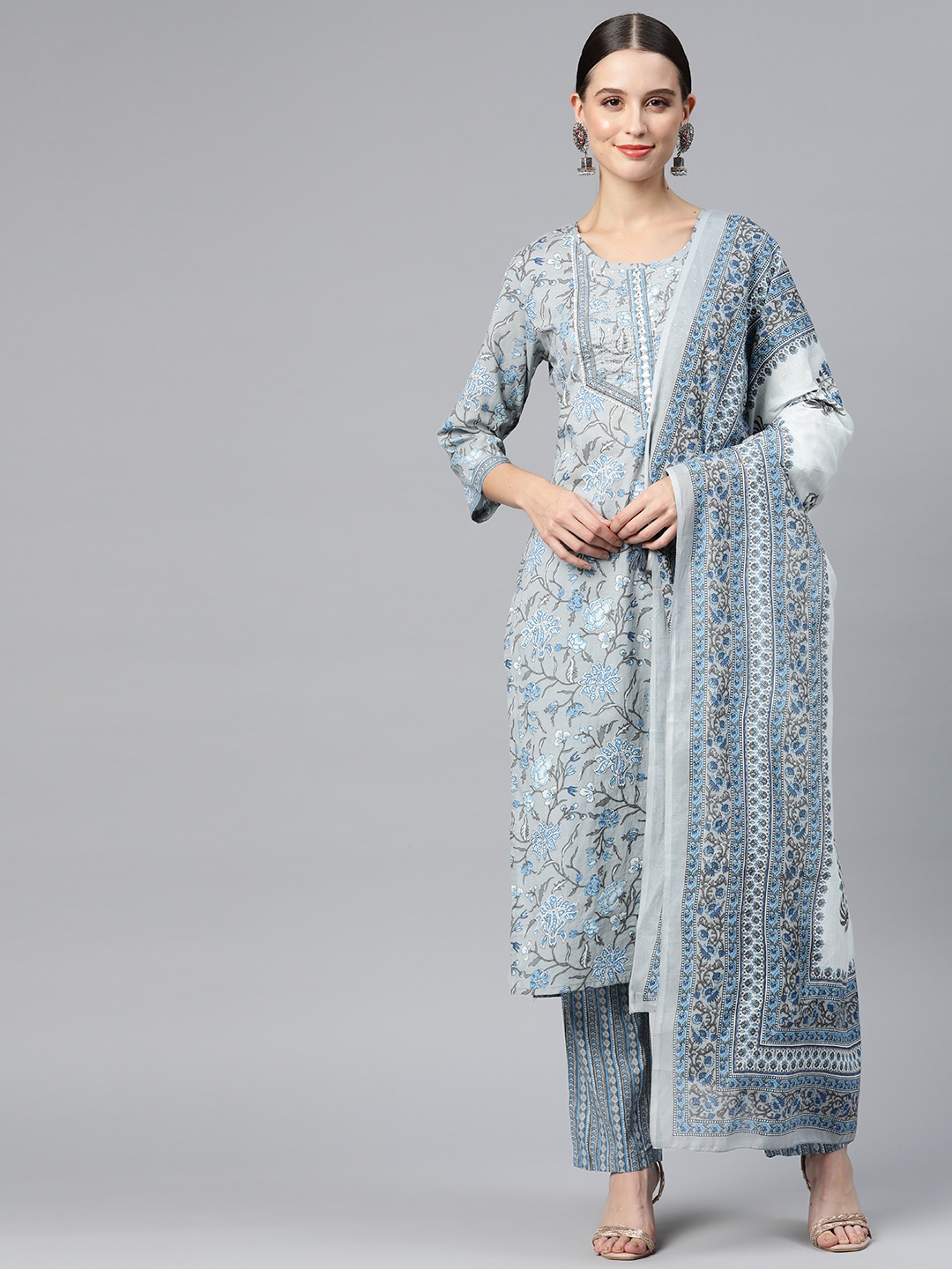 

Readiprint Fashions Women Floral Printed Sequinned Kurta with Palazzos & With Dupatta, Grey