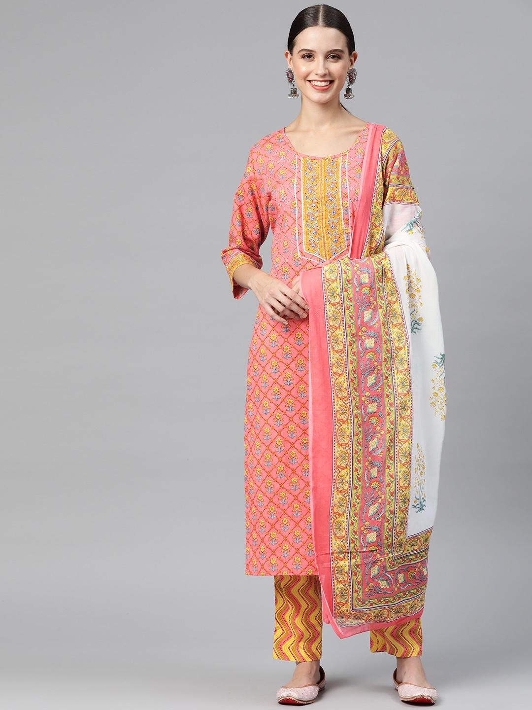 

Readiprint Fashions Women Floral Printed Mirror Work Kurta with Palazzos & With Dupatta, Pink