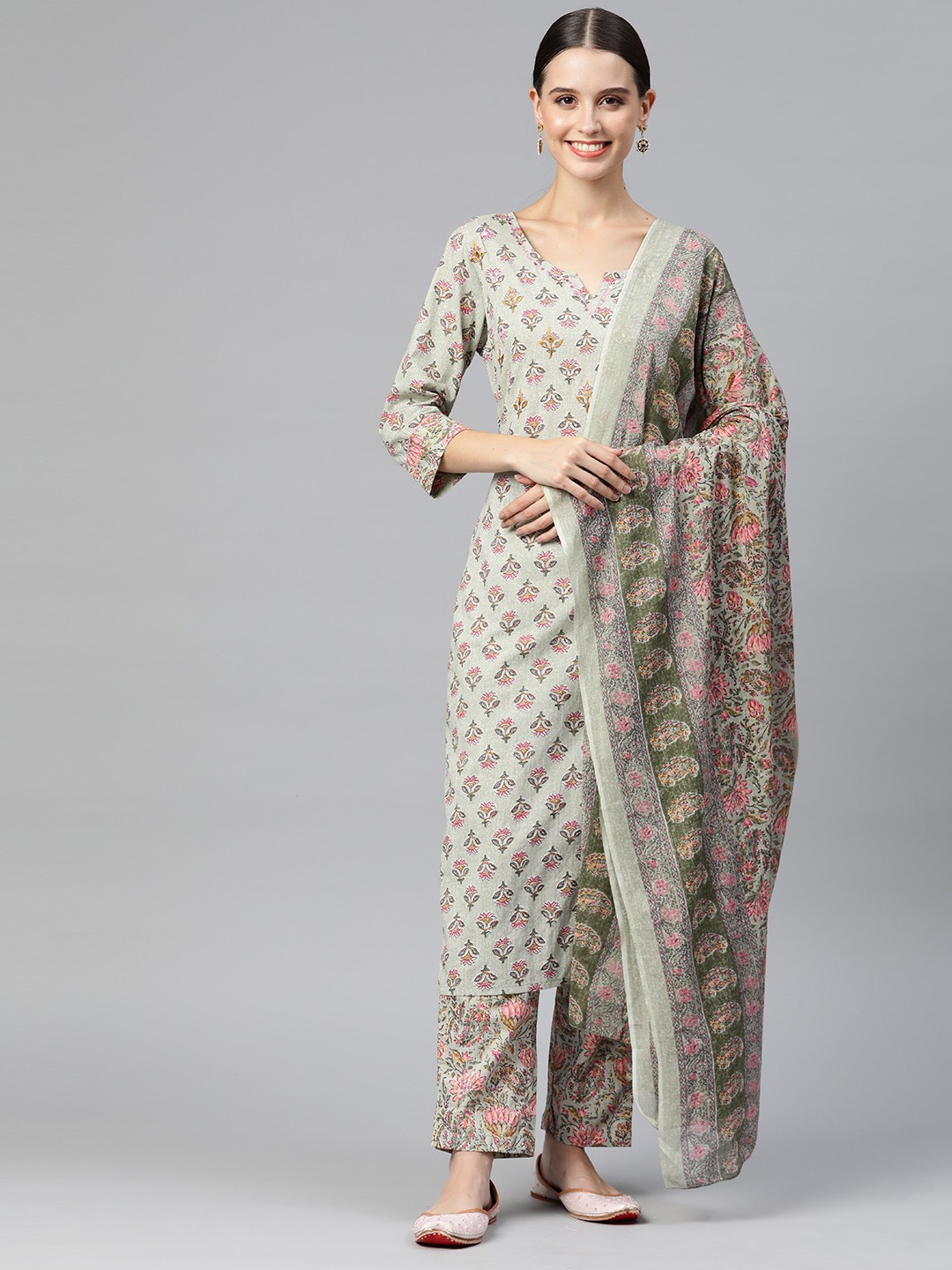 

Readiprint Fashions Women Floral Printed Thread Work Kurta with Palazzos & With Dupatta, Green