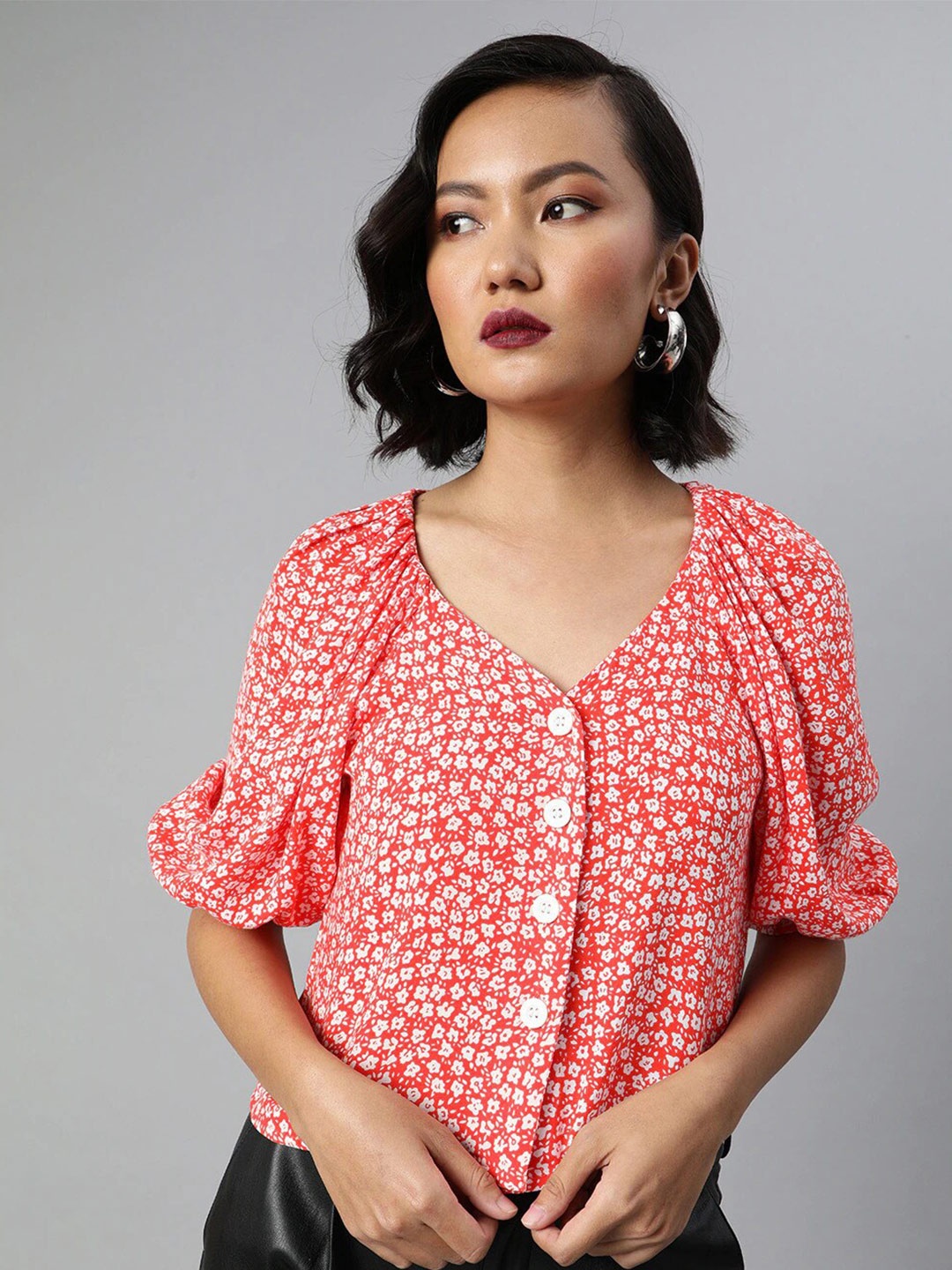 

Sera Floral Printed Puff Sleeves Top, Orange