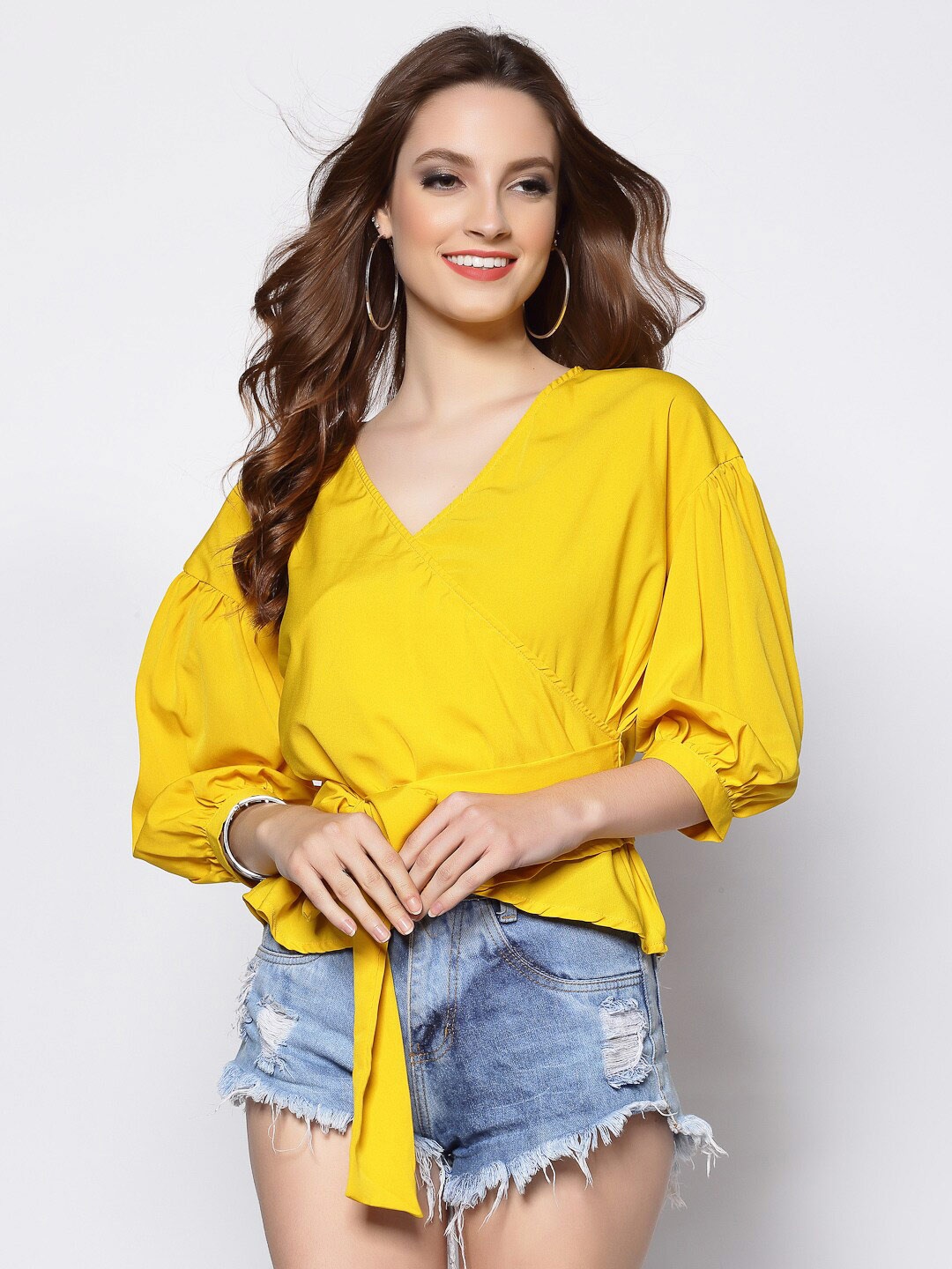 

Sera V-Neck Puff Sleeves Wrap Top, Yellow