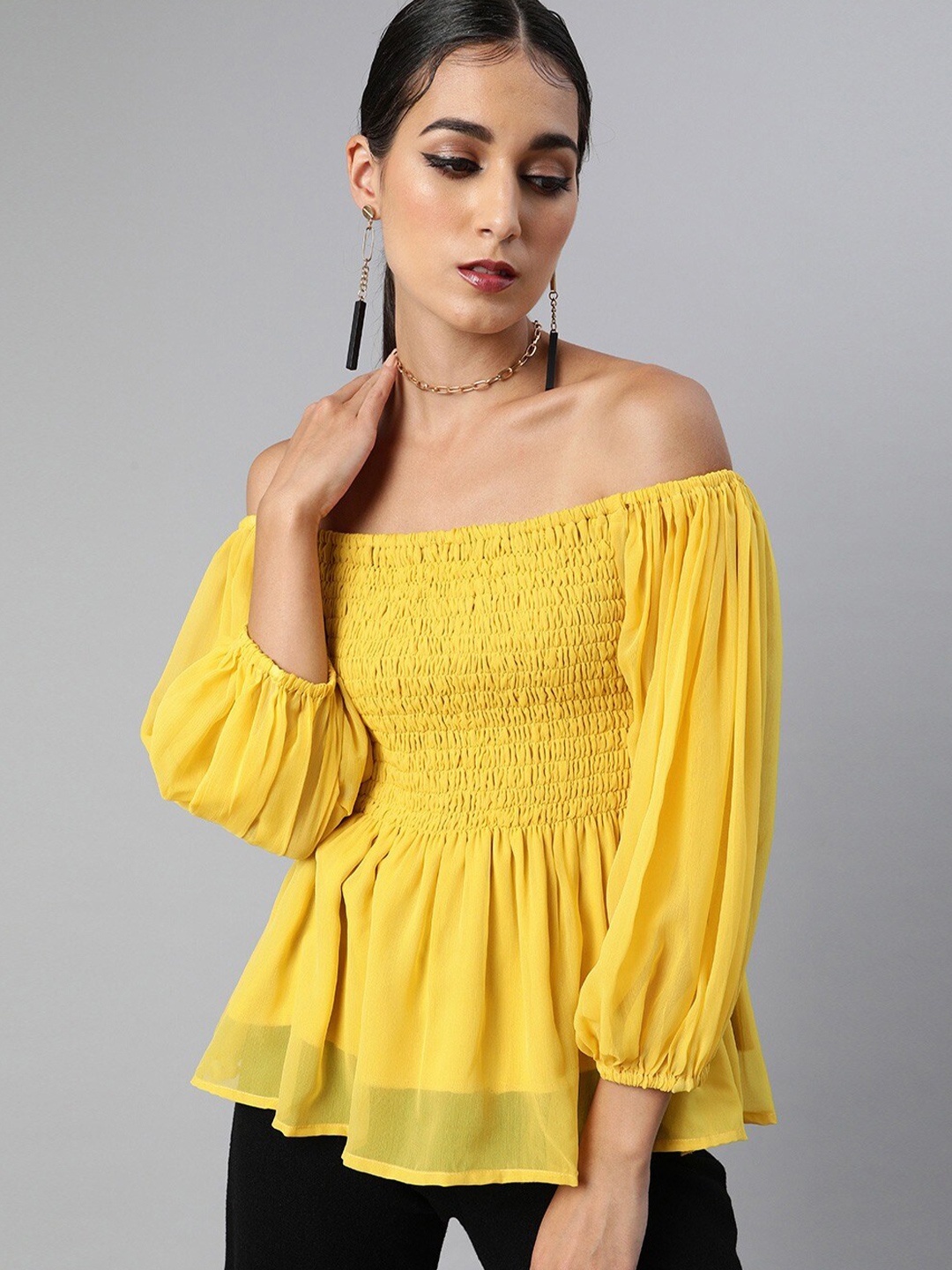 

Sera Off Shoulder Puff Sleeves Smocked Top, Yellow