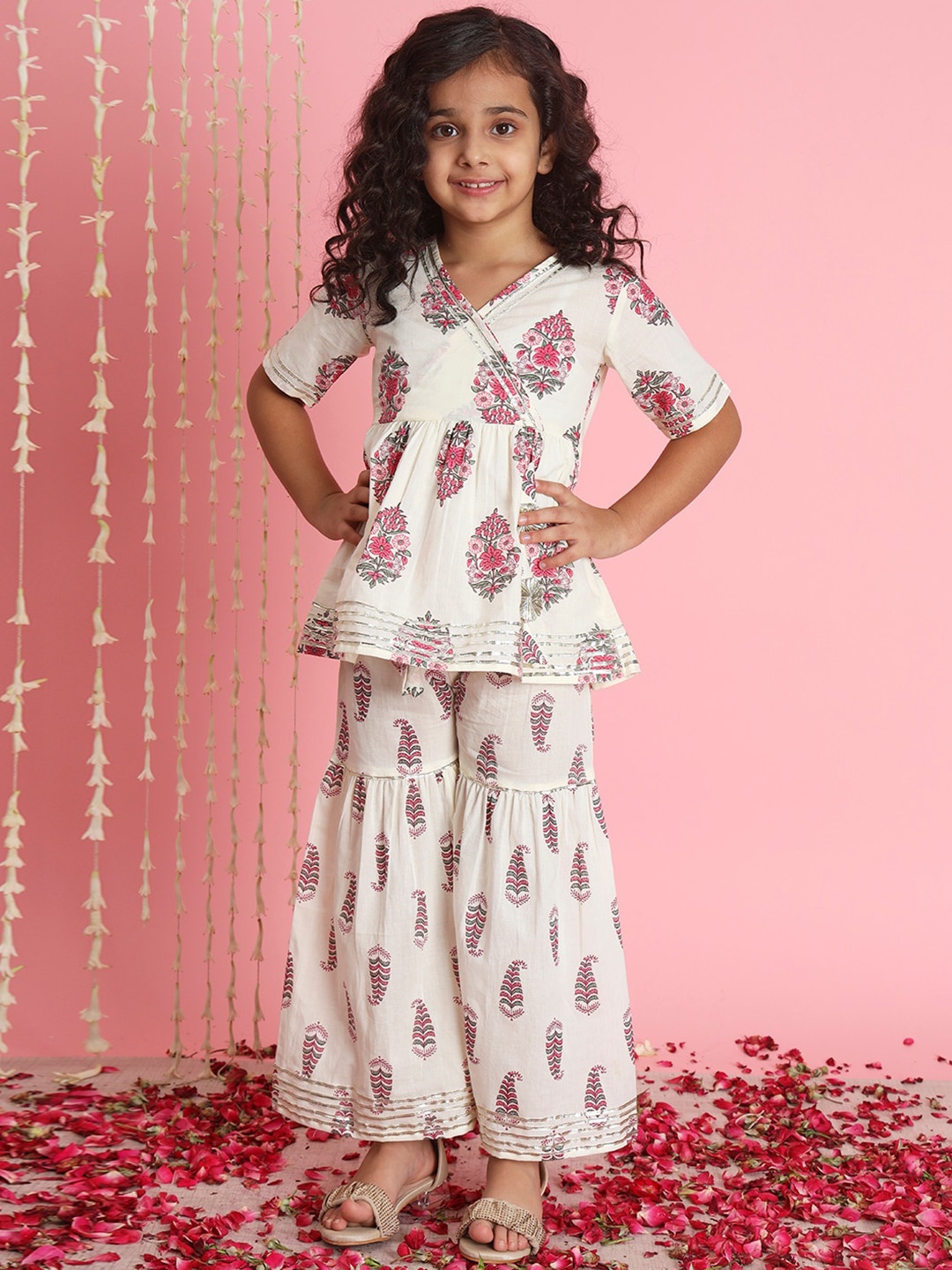 

Readiprint Fashions Girls Floral Printed Gotta Patti Pure Cotton Kurti with Sharara, Off white