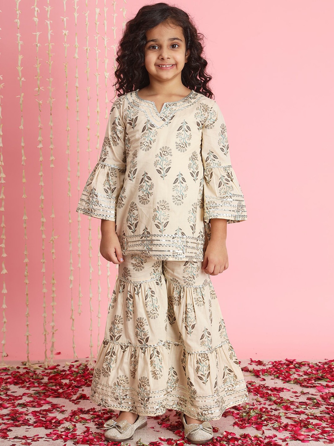 

Readiprint Girls Floral Printed Gotta Patti Pure Cotton Kurti with Sharara, Beige