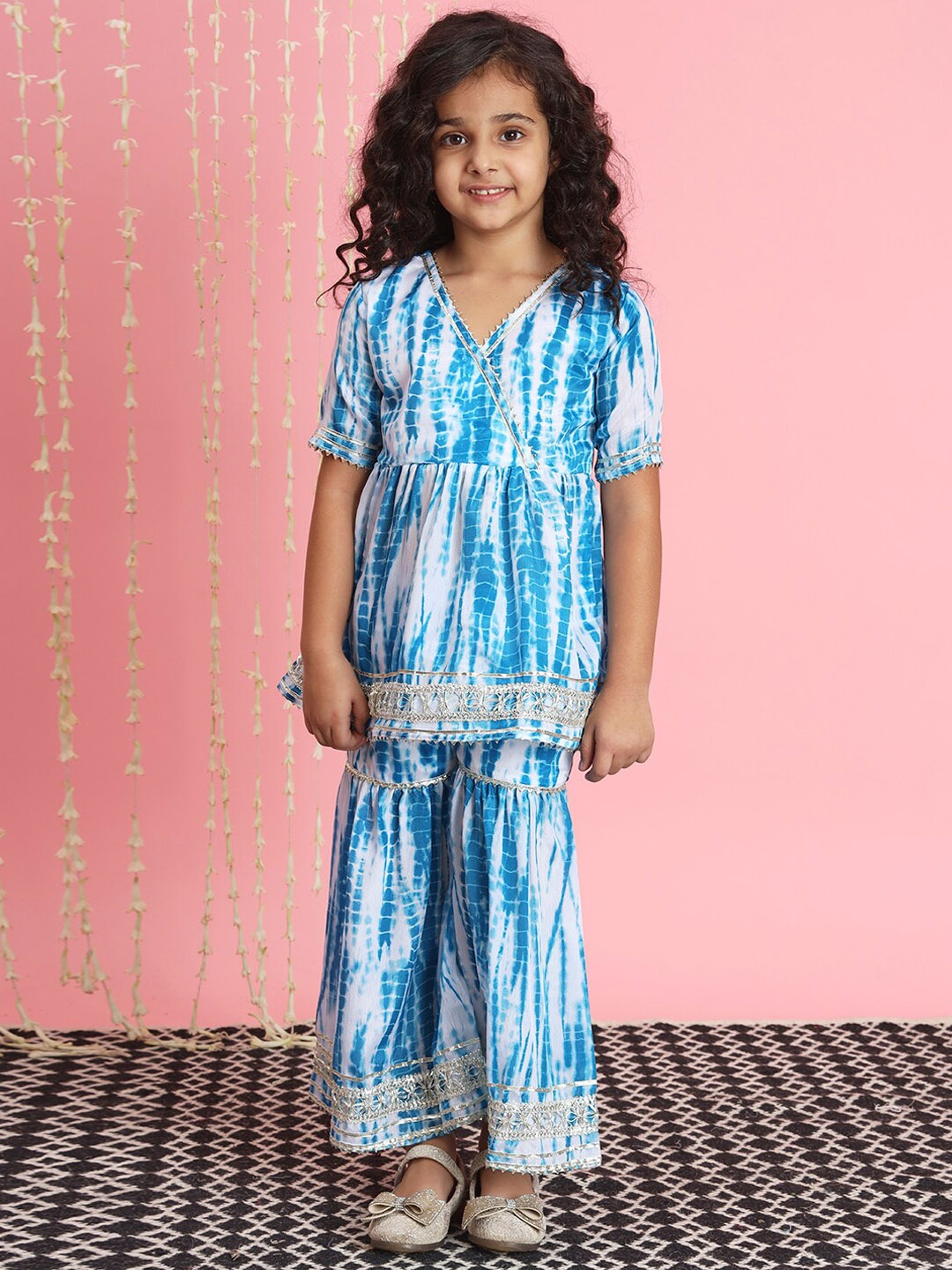 

Readiprint Girls Tie & Dyed Gotta Patti Pure Cotton Kurti with Sharara, Blue