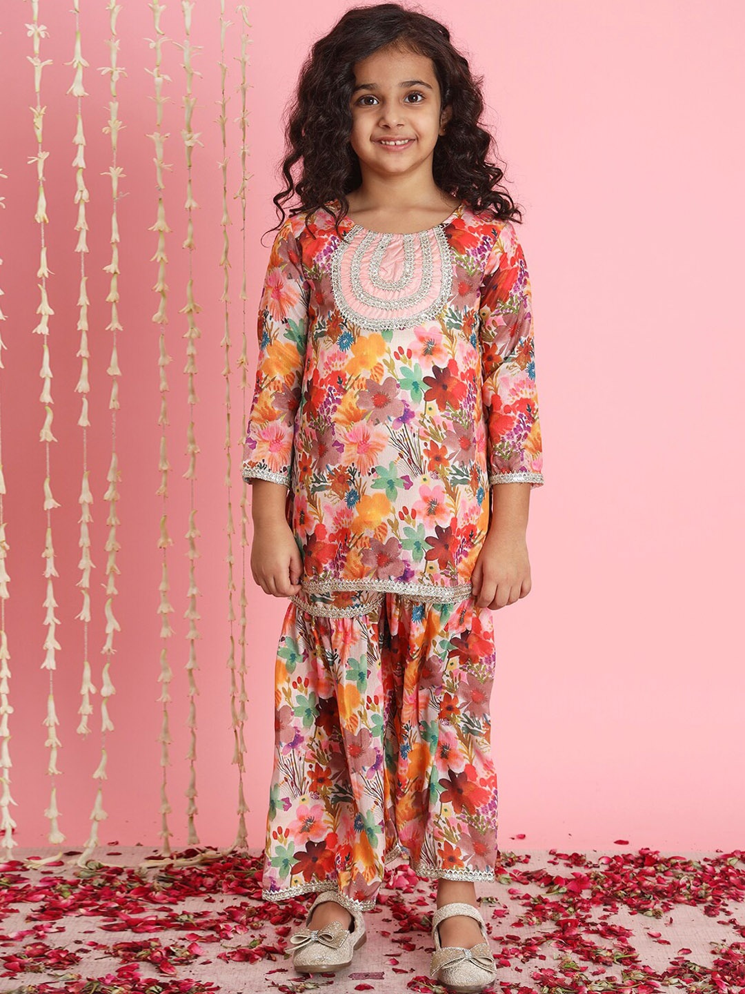 

Readiprint Girls Floral Printed Regular Gotta Patti Kurti with Sharara, Orange