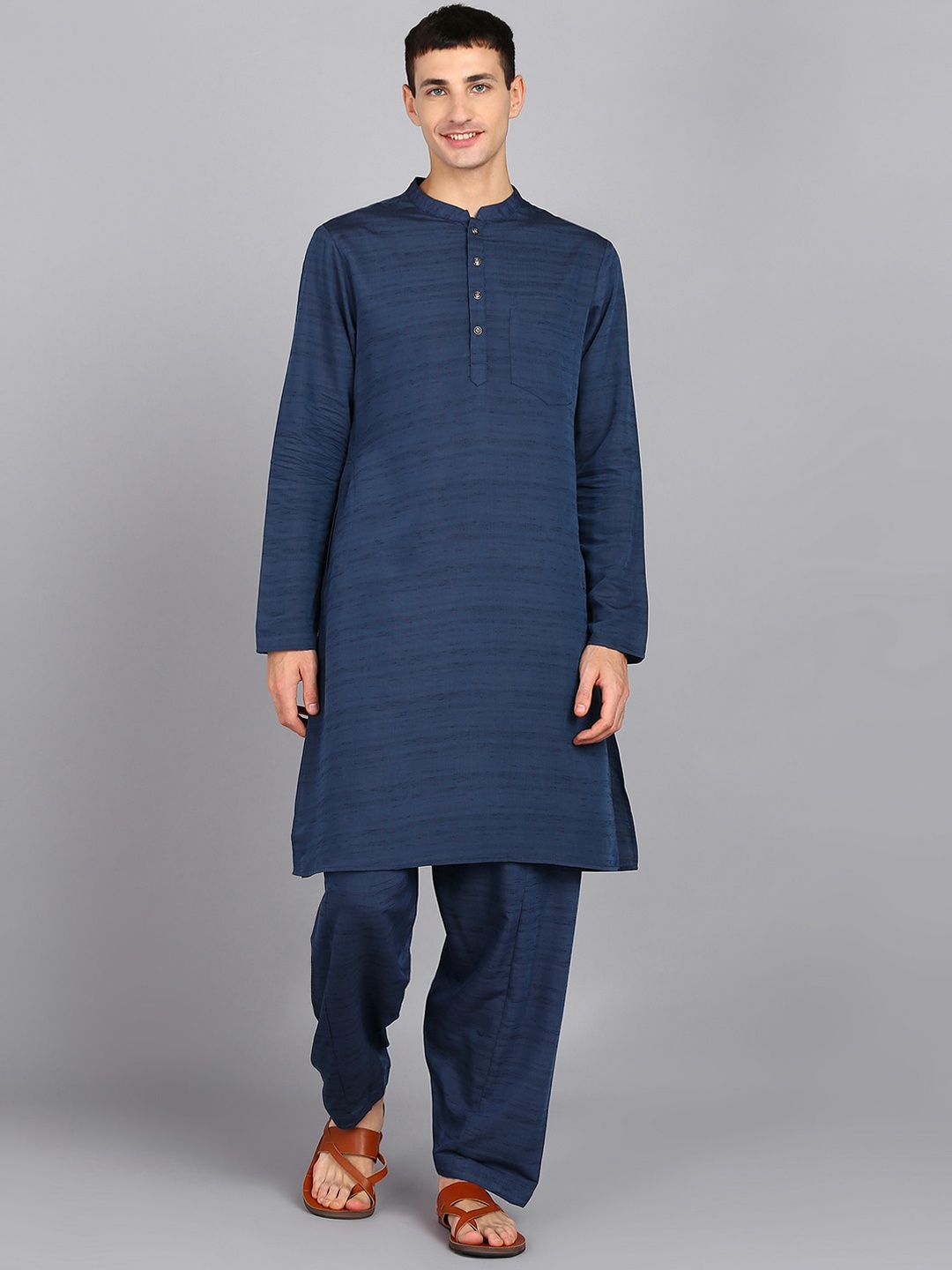 

HERE&NOW Blue Striped Regular Pure Silk Kurta With Pyjamas
