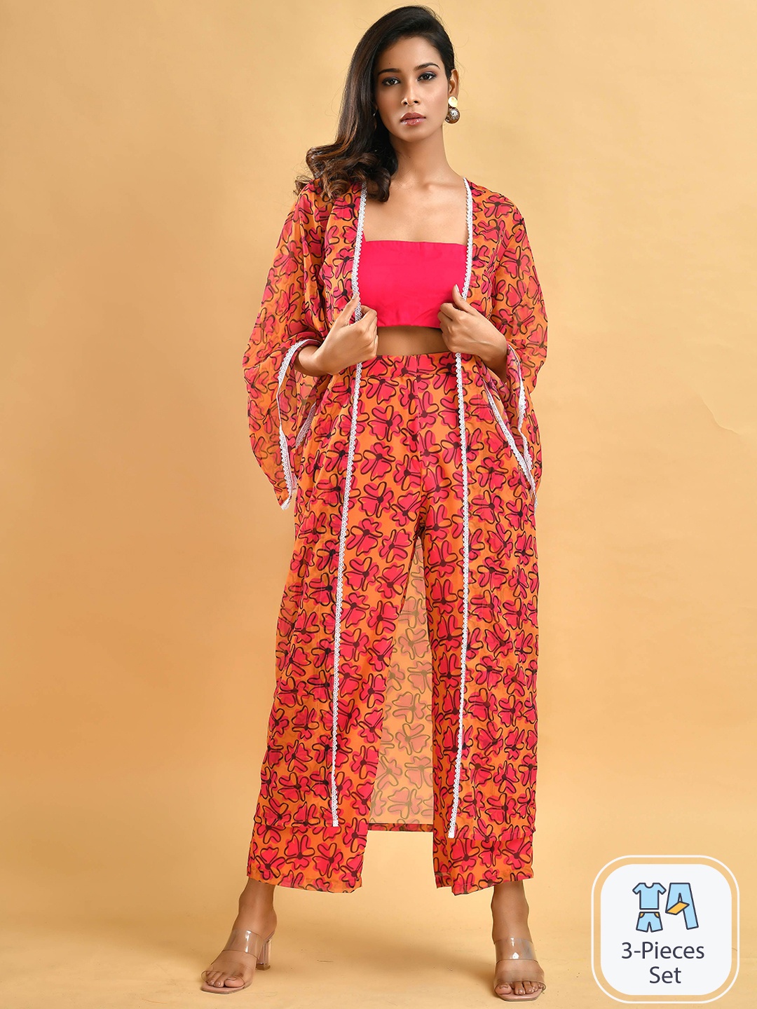 

Disli Floral Printed Top & Trousers With Shrug, Orange