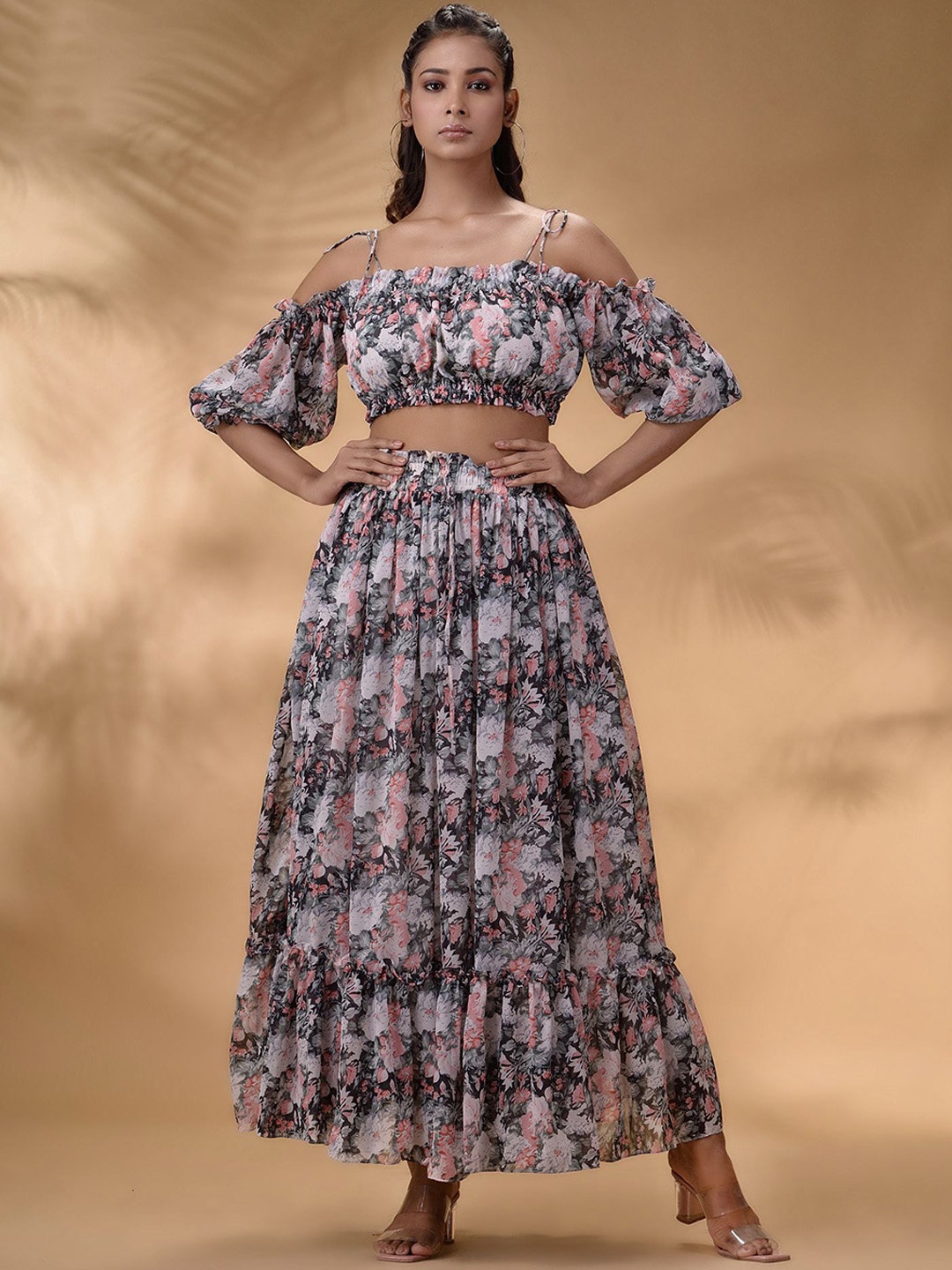 

Disli Floral Printed Off-Shoulder Blouson Top & Skirt, Black