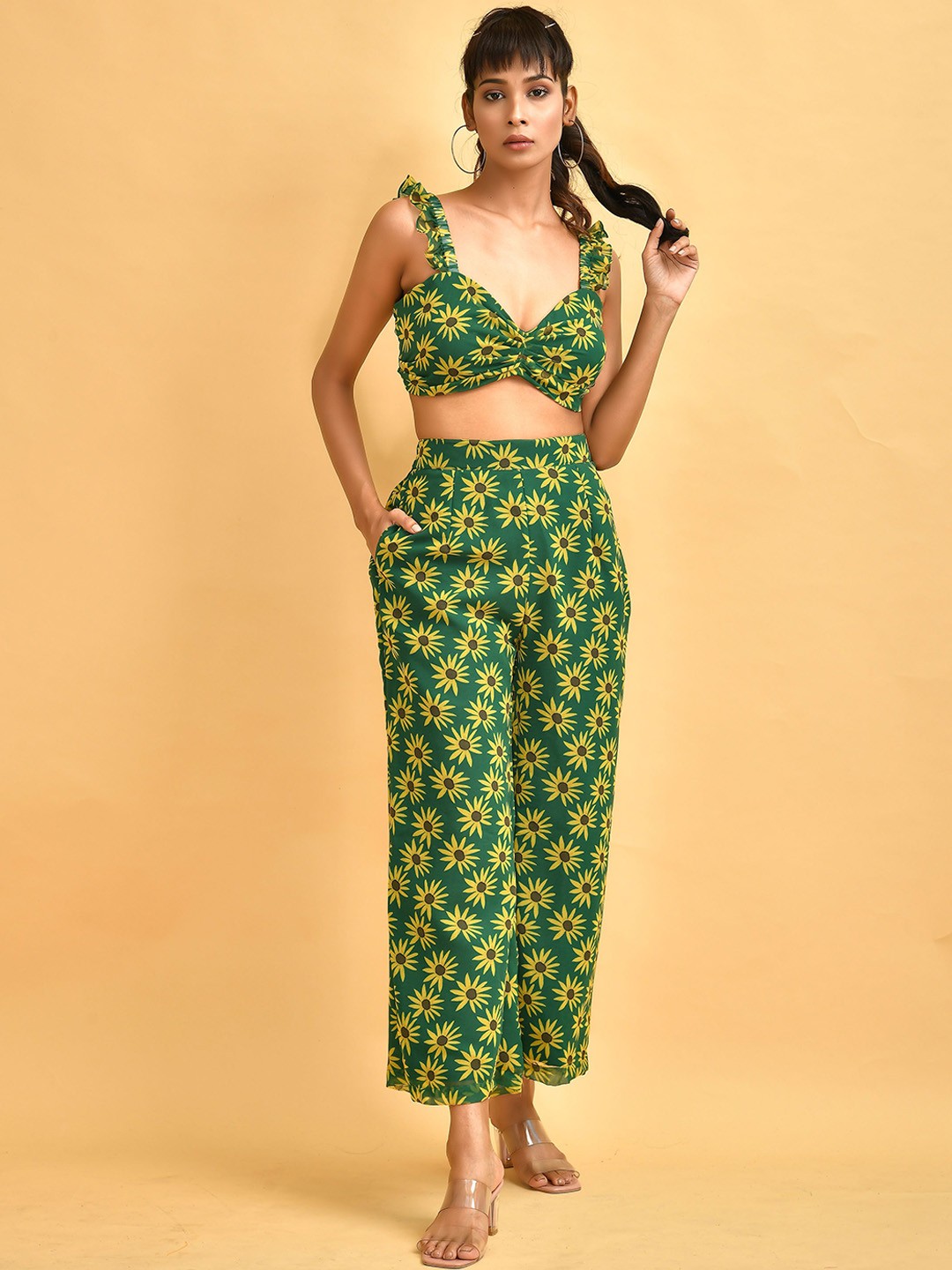 

Disli Floral Printed Top & Trousers, Green