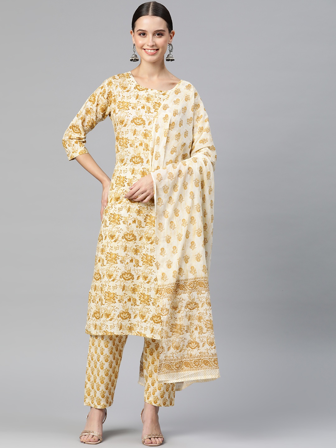 

Readiprint Women Floral Printed Sequinned Kurta with Palazzos & With Dupatta, Mustard
