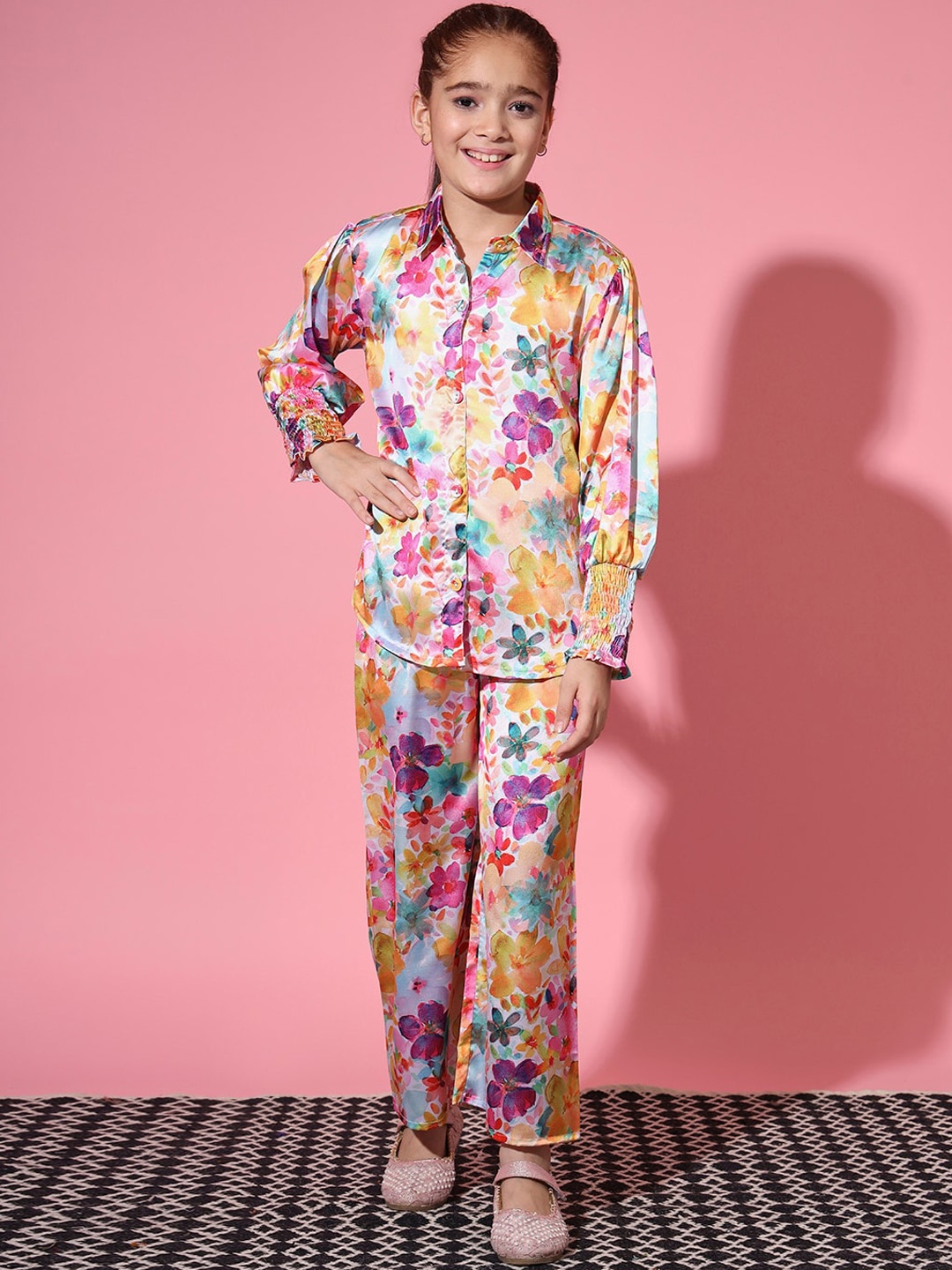 Readiprint Girls Floral Printed Shirt With Trousers, White