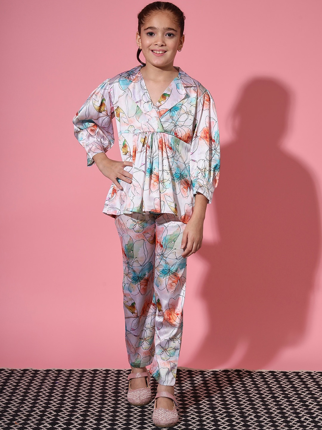 

Readiprint Girls Printed Satin Shirt with Trousers, White