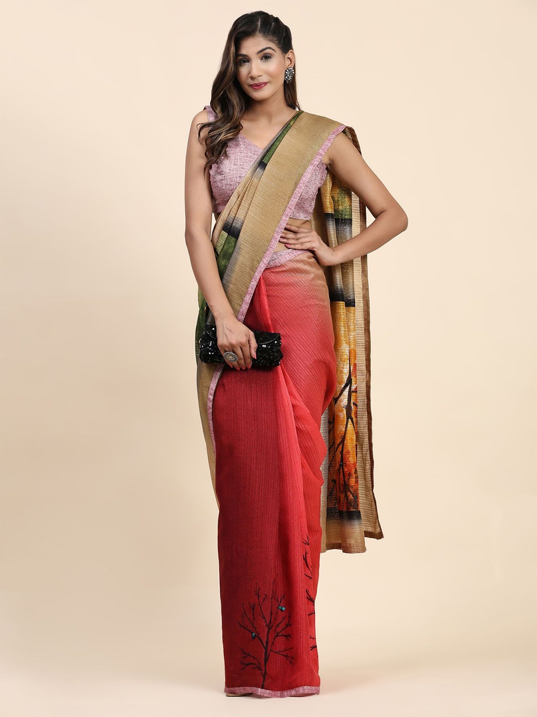 

RACHNA Abstract Printed Ready to Wear Saree, Beige