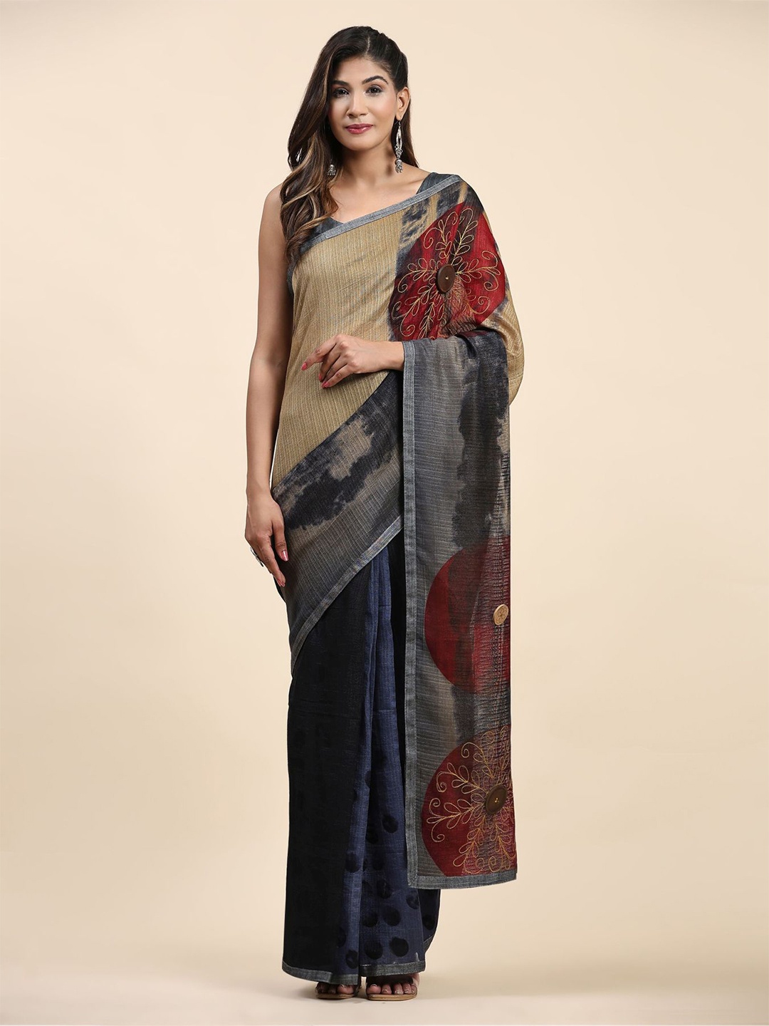 

RACHNA Abstract Printed Beads and Stones Detail Ready-To-Wear Saree, Beige