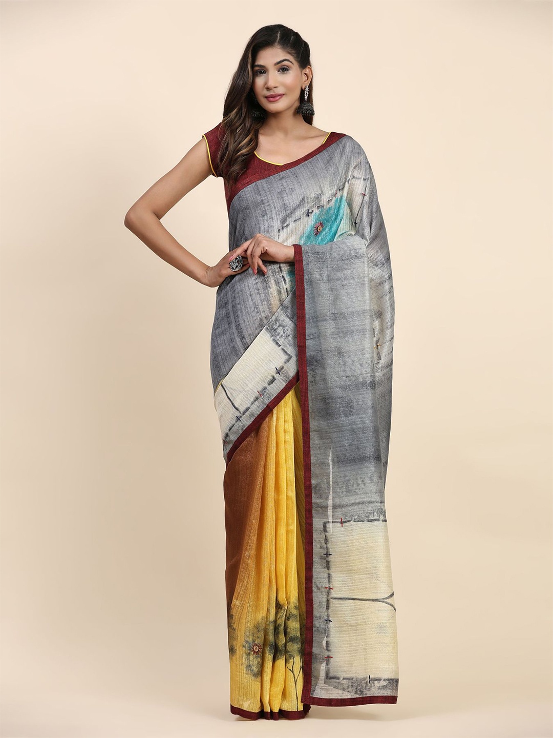 

RACHNA Floral Printed Half and Half Ready To Wear Saree, Yellow