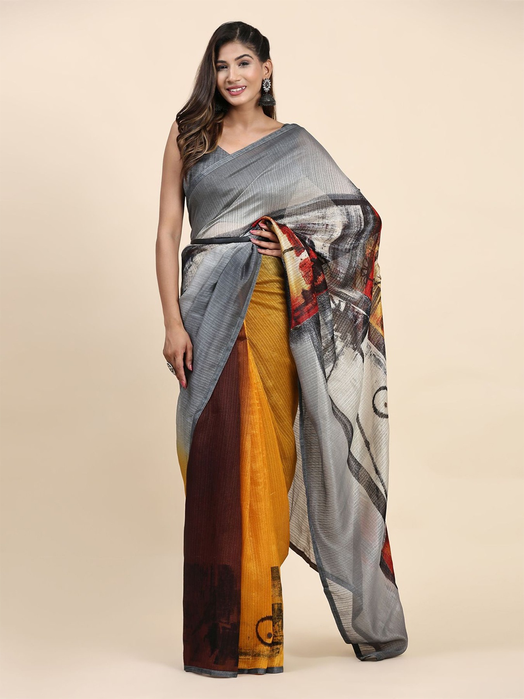 

RACHNA Abstract Printed Beads and Stones Detail Ready To Wear Saree, Yellow