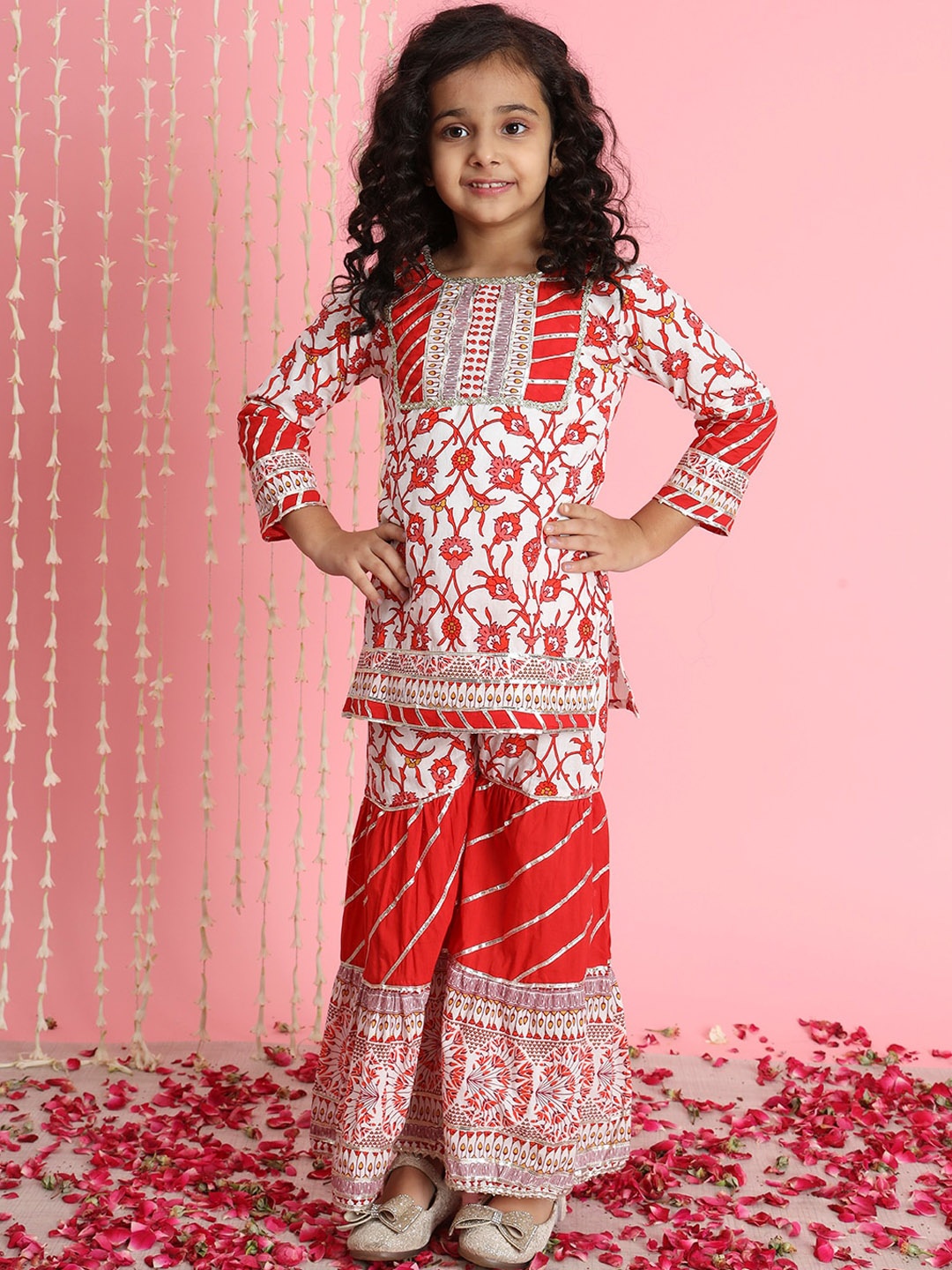 

Readiprint Girls Floral Printed Gotta Patti Pure Cotton Kurti With Sharara, Red