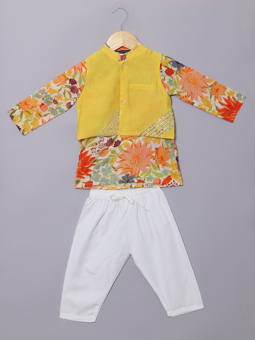 

Readiprint Boys Floral Printed Pure Cotton Kurta With Pyjamas & Nehru Jacket, Yellow