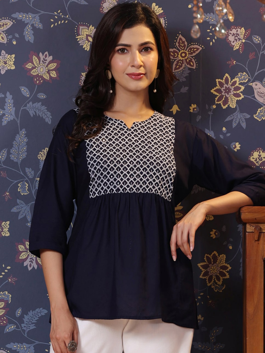 

House of Pataudi Ethnic Motifs Yoke Embroidered A-Line Kurti, Navy blue