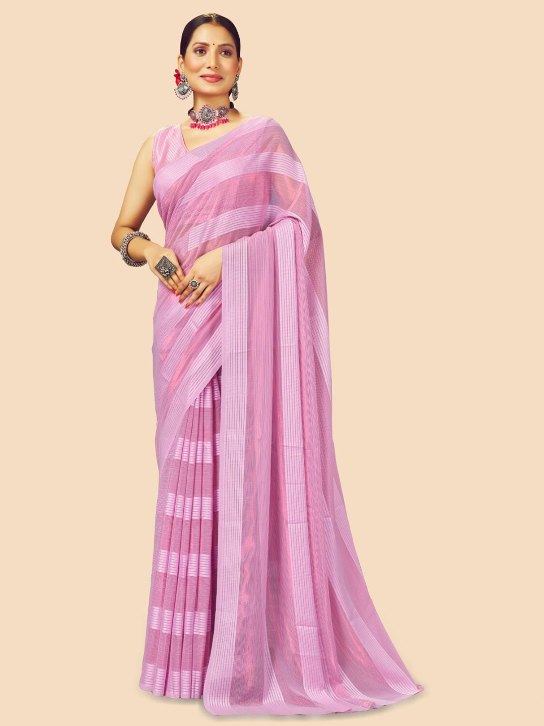 

FLOURIOUS Striped Pure Georgette Saree, Lavender