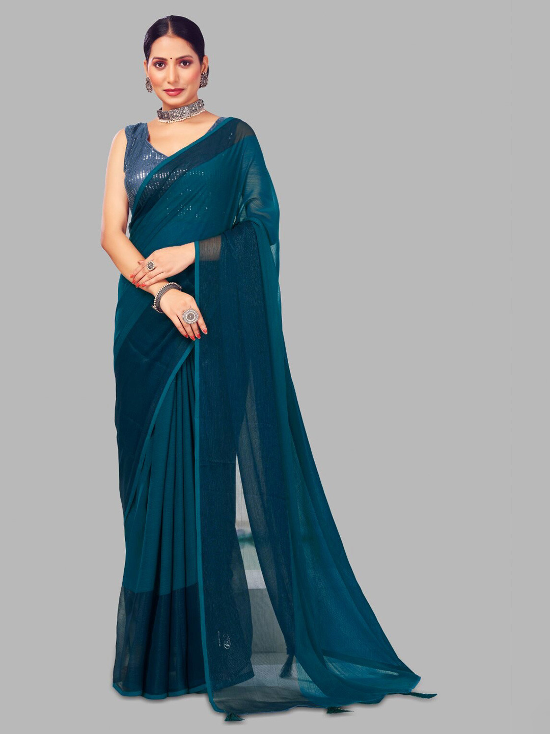 

FLOURIOUS Pure Chiffon Saree, Blue
