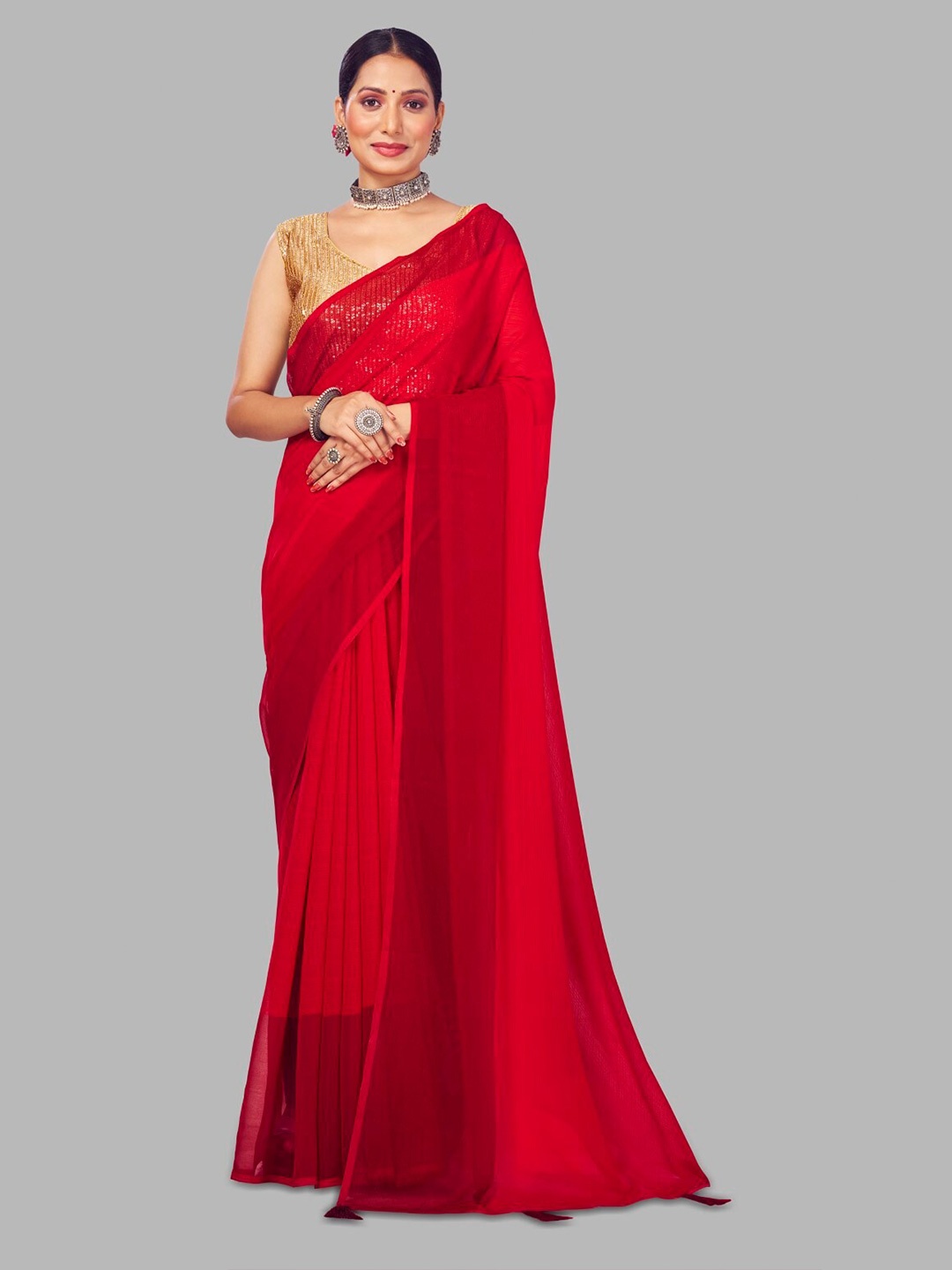 

FLOURIOUS Pure Chiffon Saree, Red