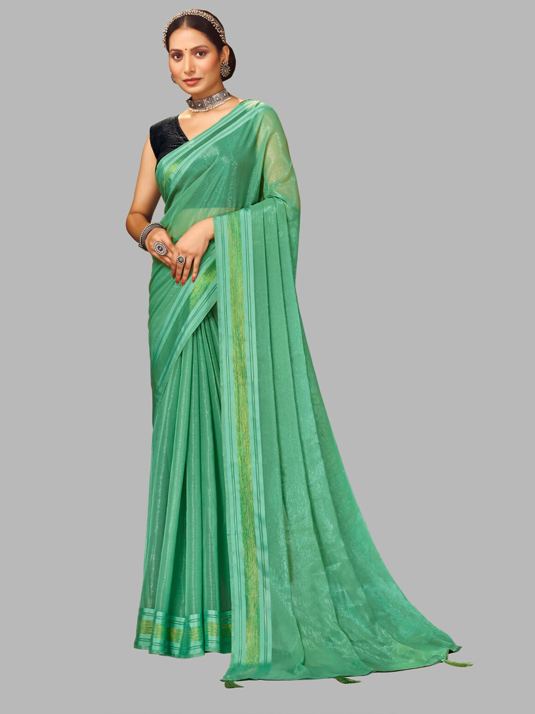 

FLOURIOUS Poly Georgette Saree, Sea green