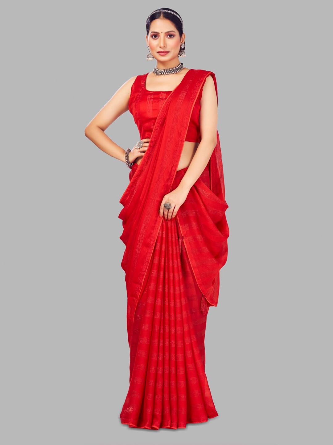 

FLOURIOUS Striped Pure Chiffon Saree, Red