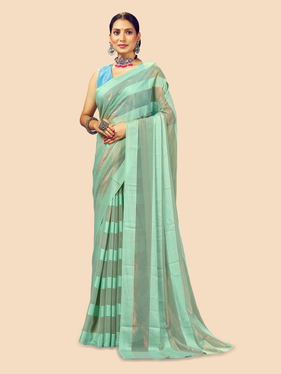

FLOURIOUS Striped Pure Georgette Saree, Sea green