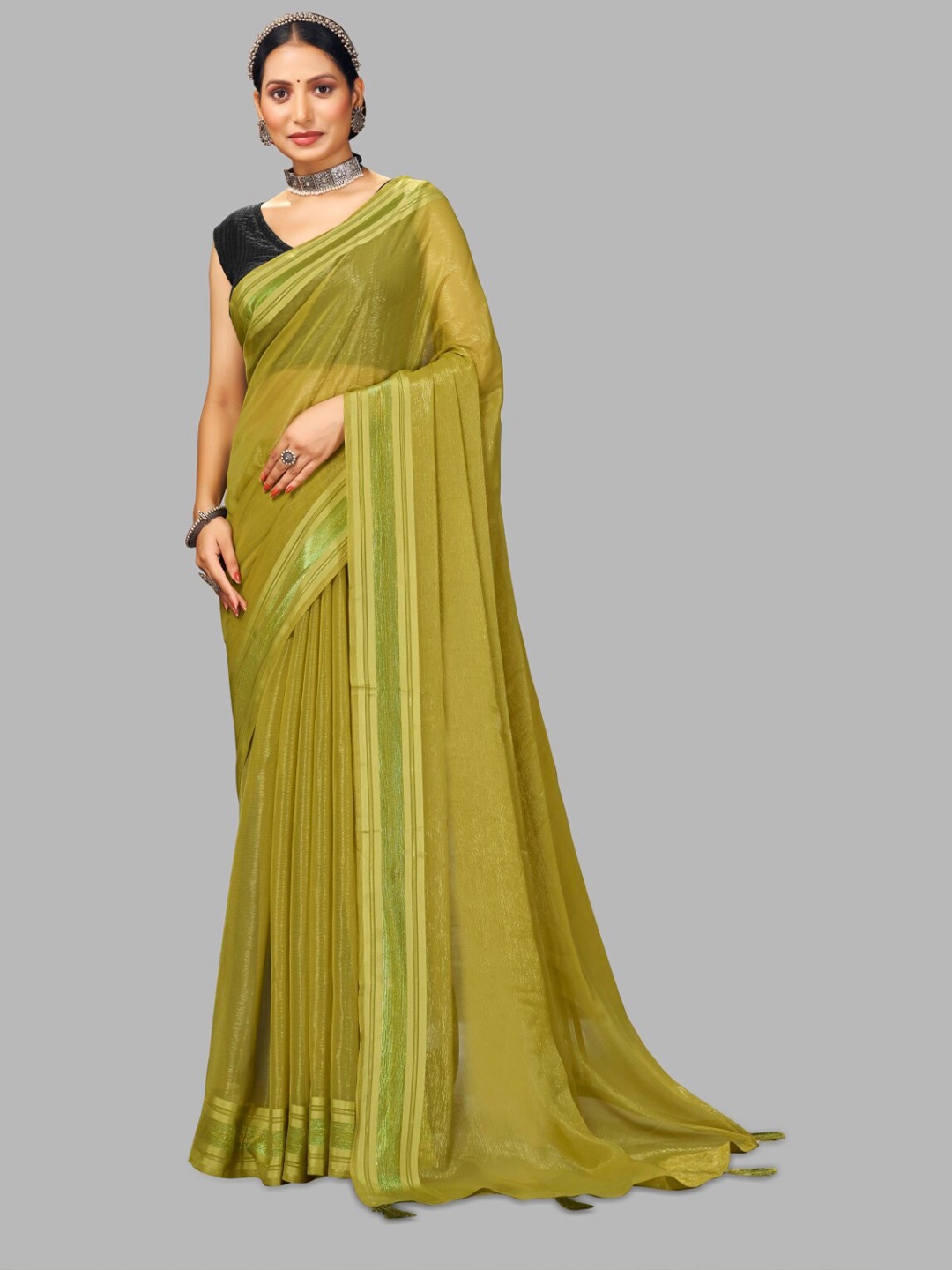 

FLOURIOUS Poly Georgette Saree, Olive