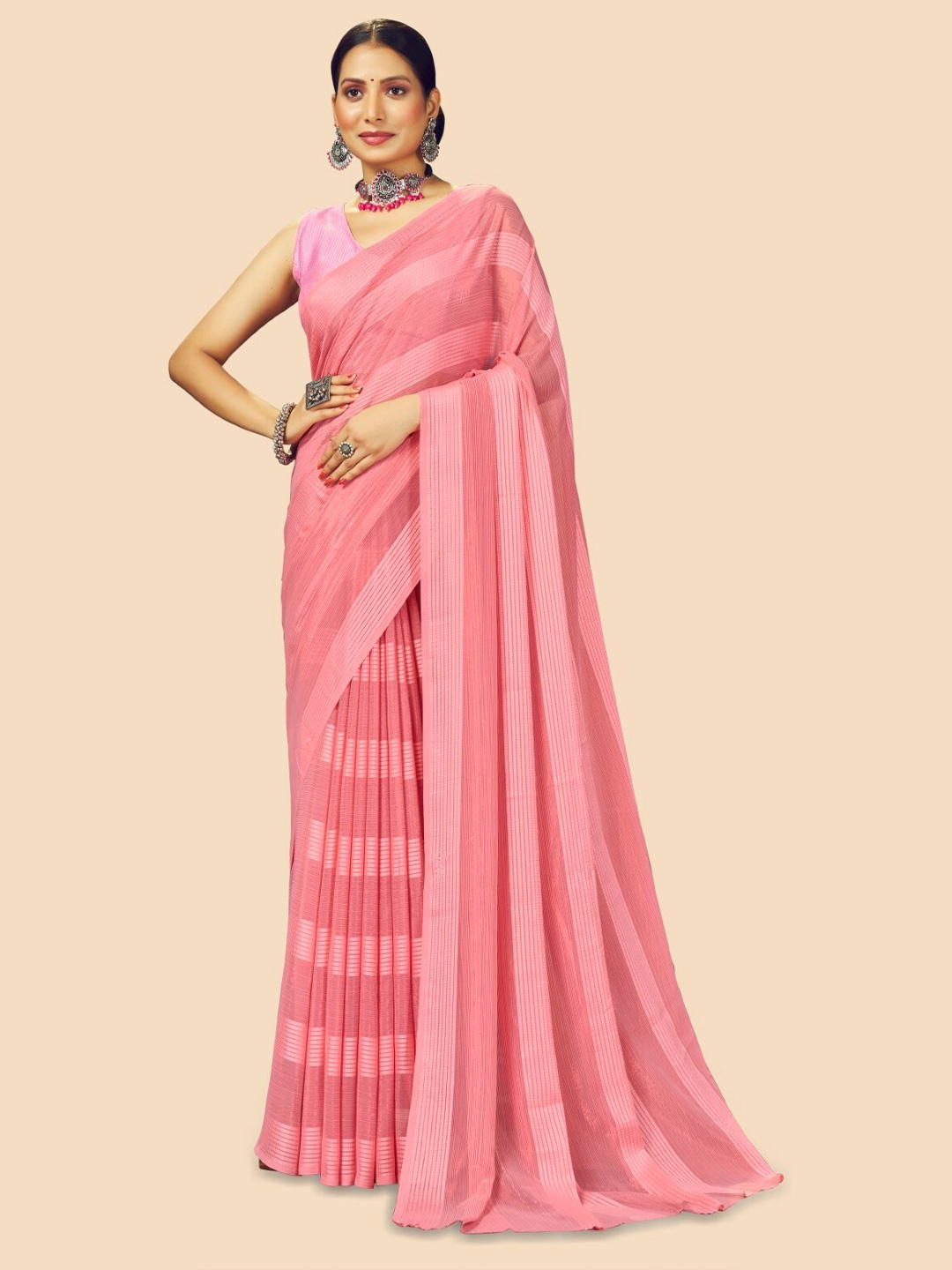 

FLOURIOUS Striped Pure Georgette Saree, Pink