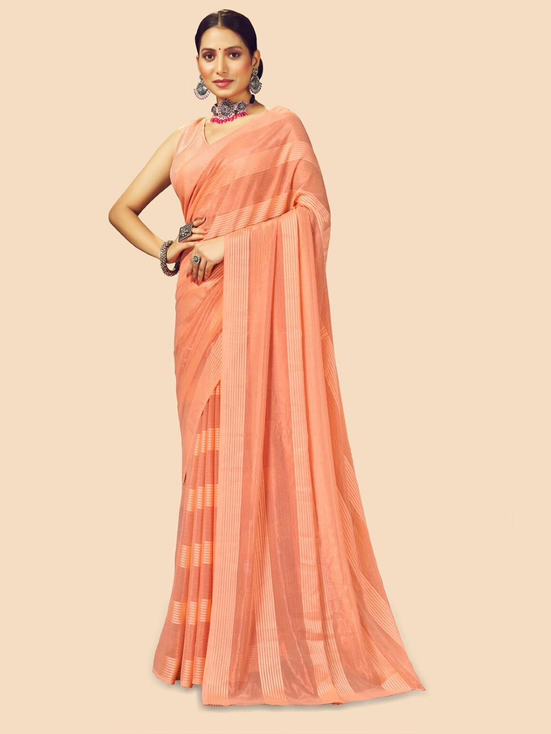 

FLOURIOUS Striped Pure Georgette Saree, Peach