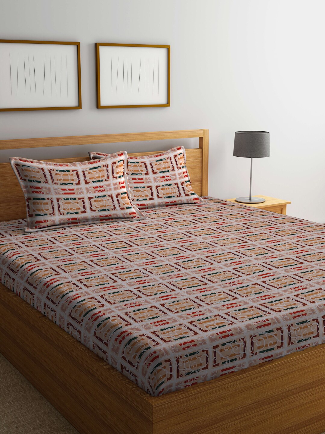 

BOMBAY DYEING Epigram Beige & Red Geometric Cotton 120 TC King Bedsheet & 2 Pillow Covers