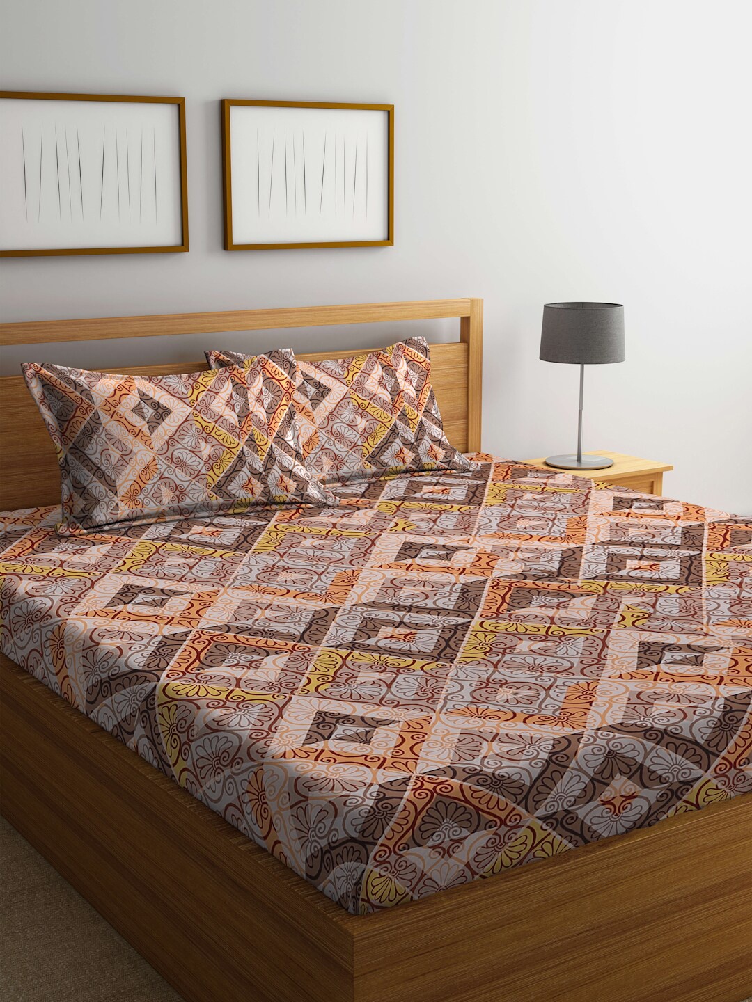 

BOMBAY DYEING Epigram Brown & Yellow Ethnic Cotton 120 TC King Bedsheet & Pillow Covers