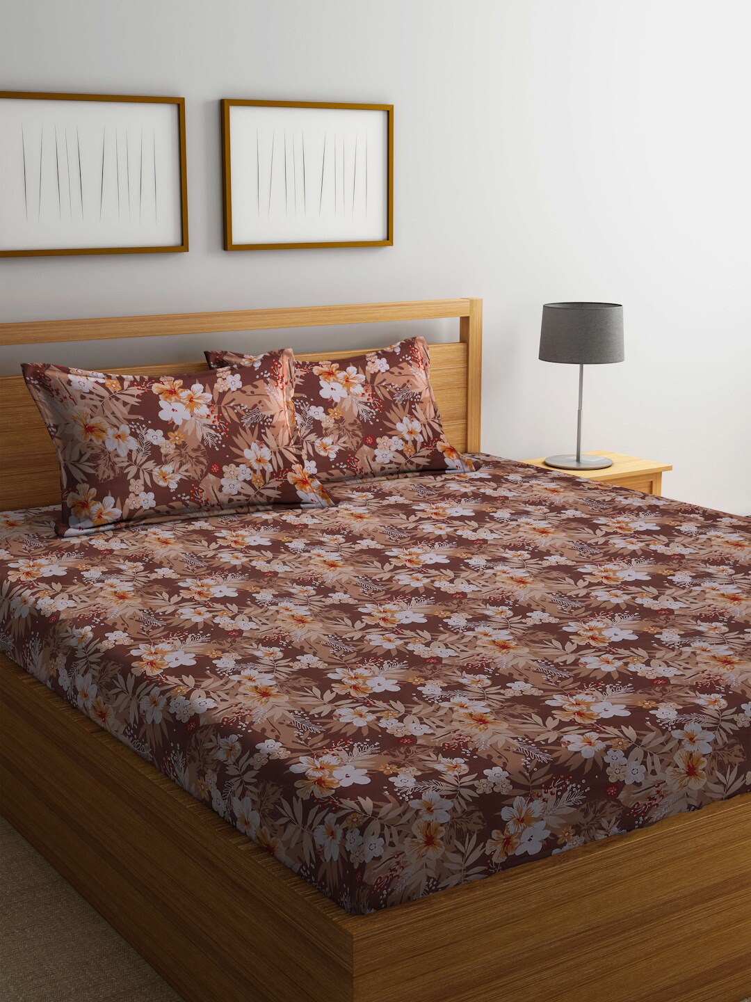 

BOMBAY DYEING Epigram Brown Floral Cotton 120 TC Queen Bedsheet & Pillow Covers