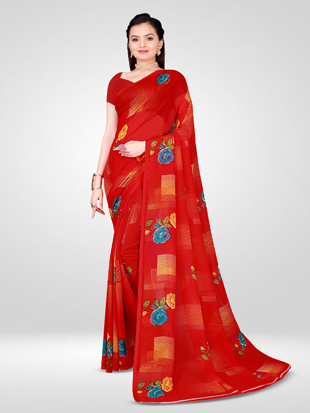 

N N ENTERPRISE Floral Printed Pure Georgette Saree, Red