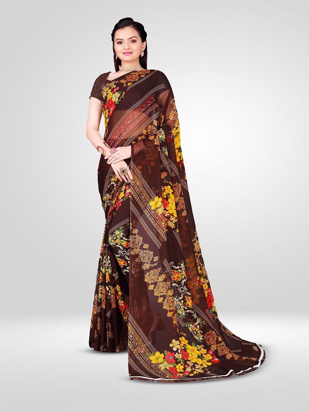 

N N ENTERPRISE Floral Printed Pure Georgette Saree, Brown