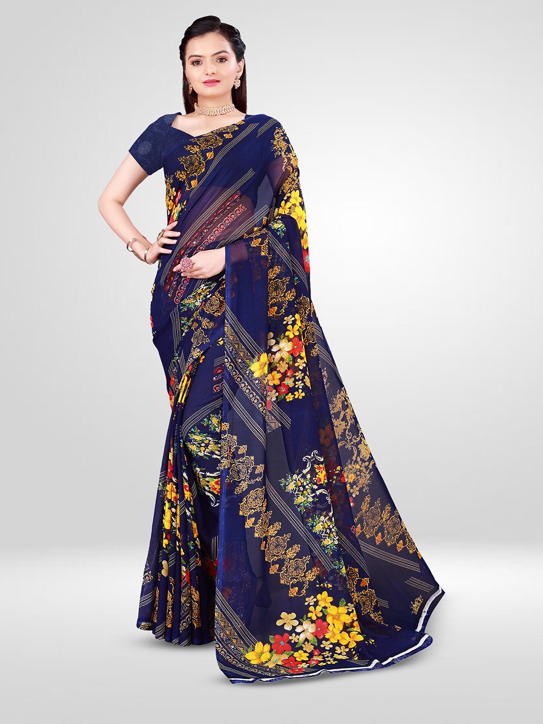 

N N ENTERPRISE Floral Printed Pure Georgette Saree, Navy blue