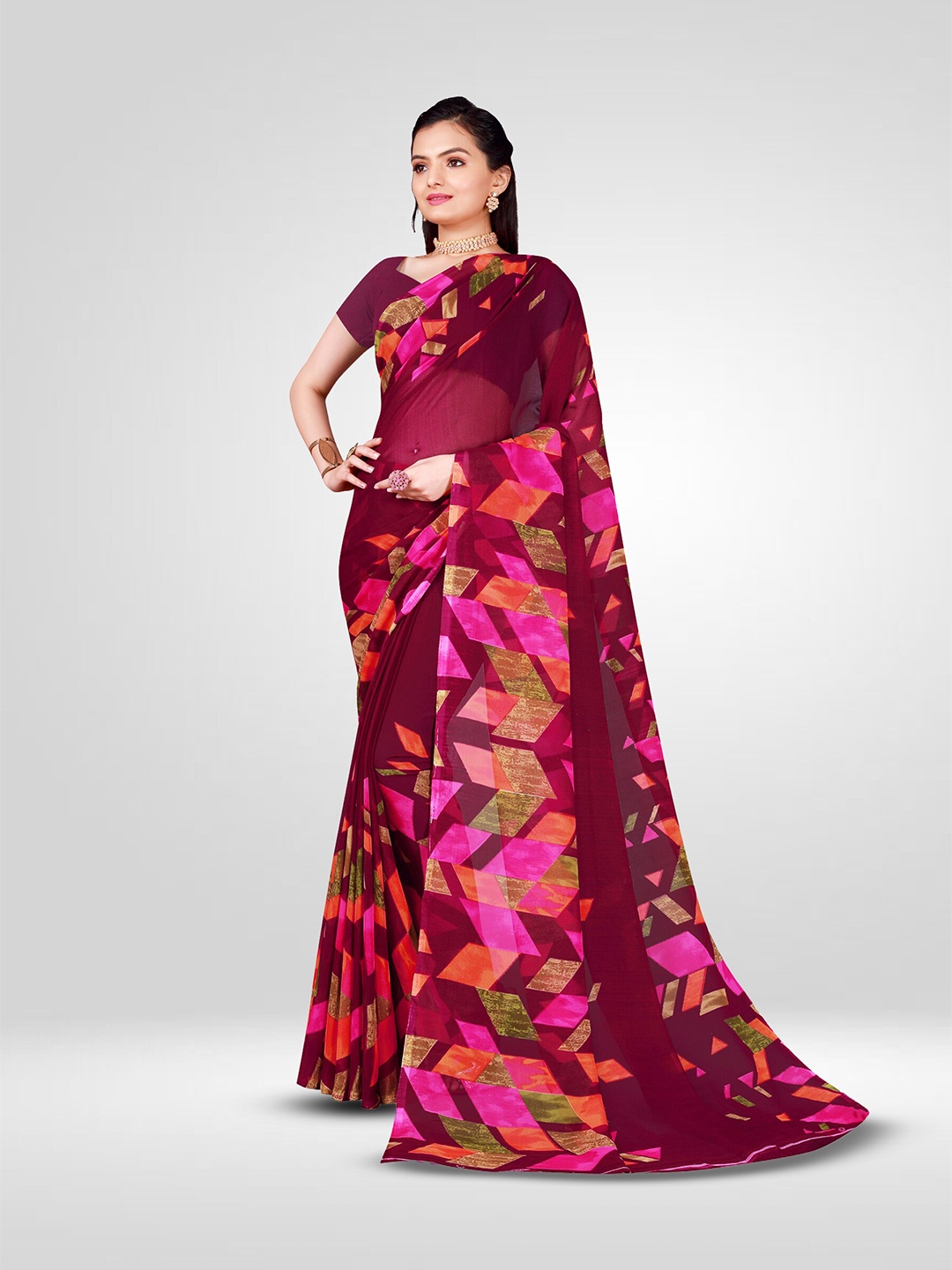 

N N ENTERPRISE Geometric Printed Pure Georgette Saree, Purple