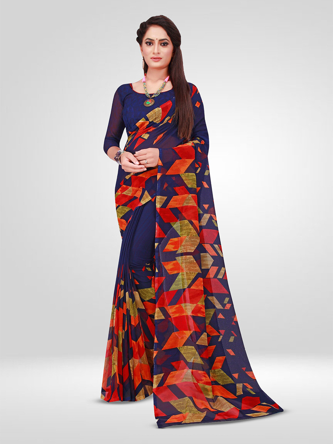 

N N ENTERPRISE Geometric Printed Pure Georgette Saree, Navy blue