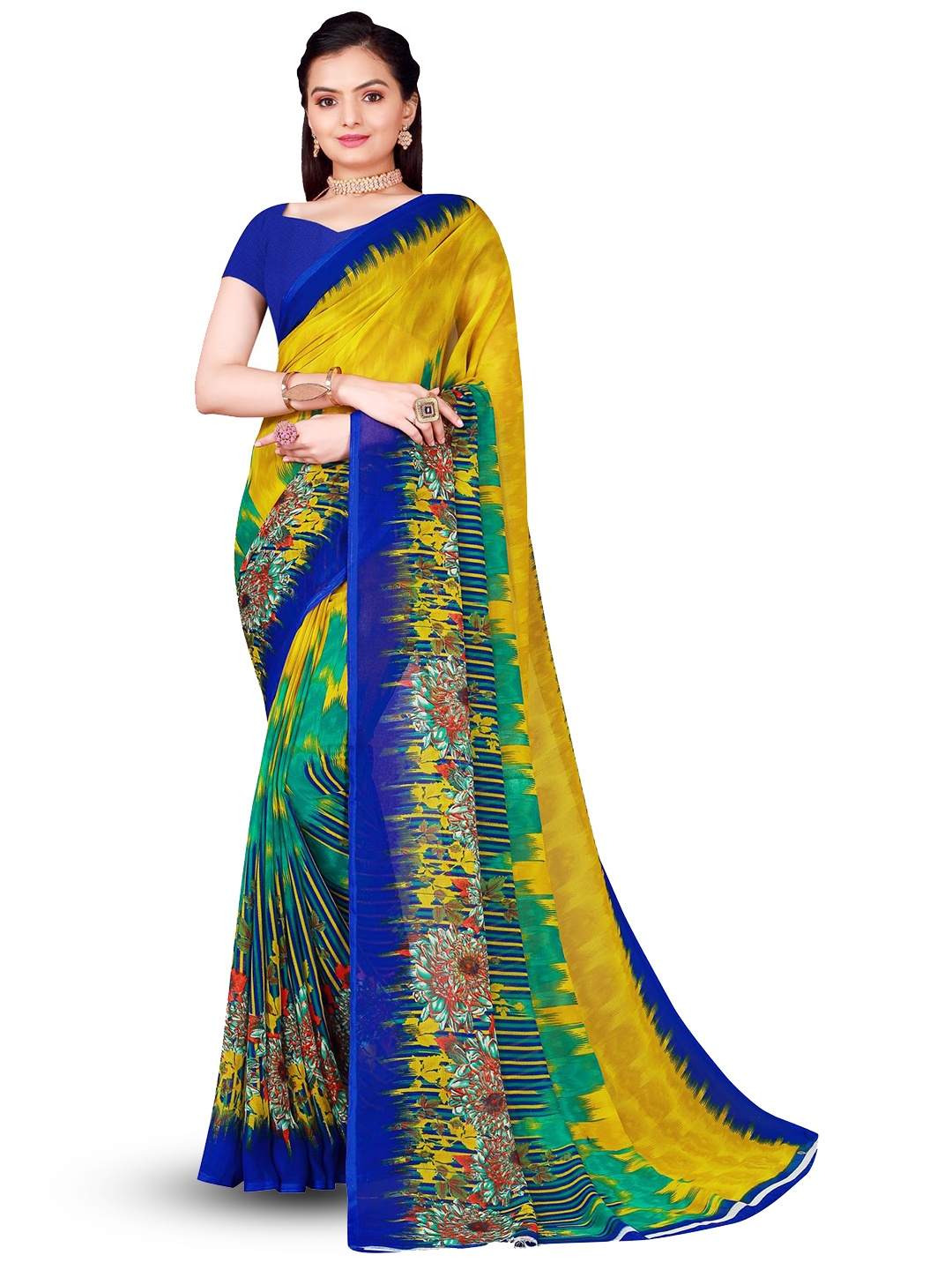 N N ENTERPRISE Floral Printed Georgette Ikat Saree, Blue