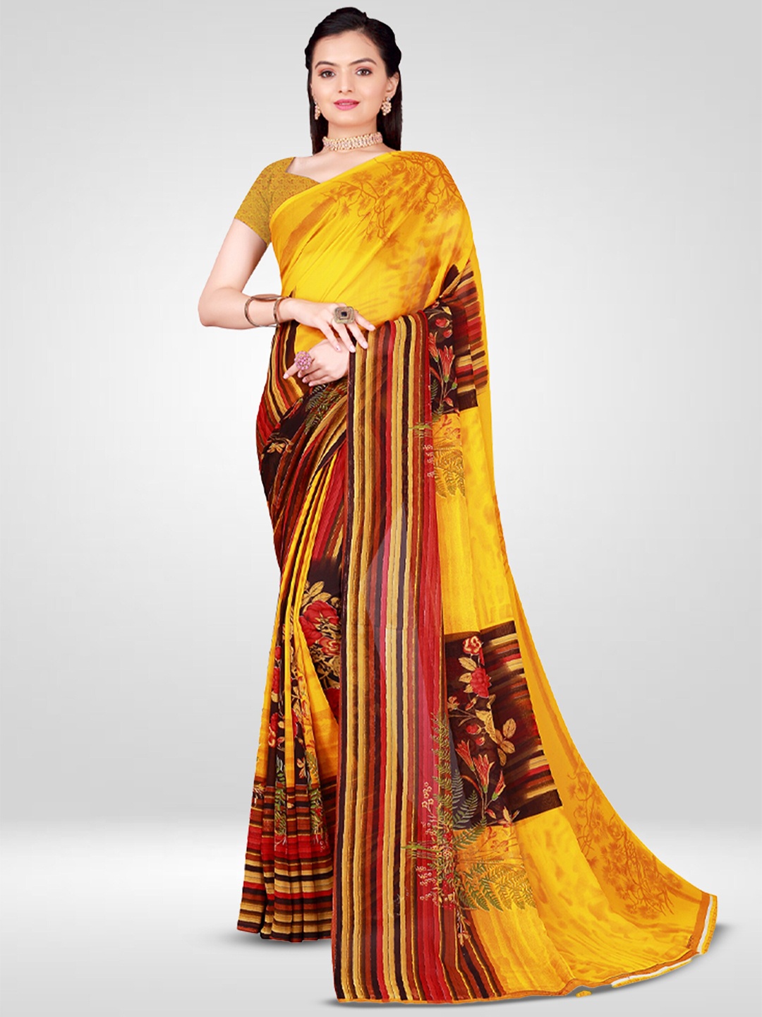 

N N ENTERPRISE Floral Printed Pure Georgette Saree, Yellow