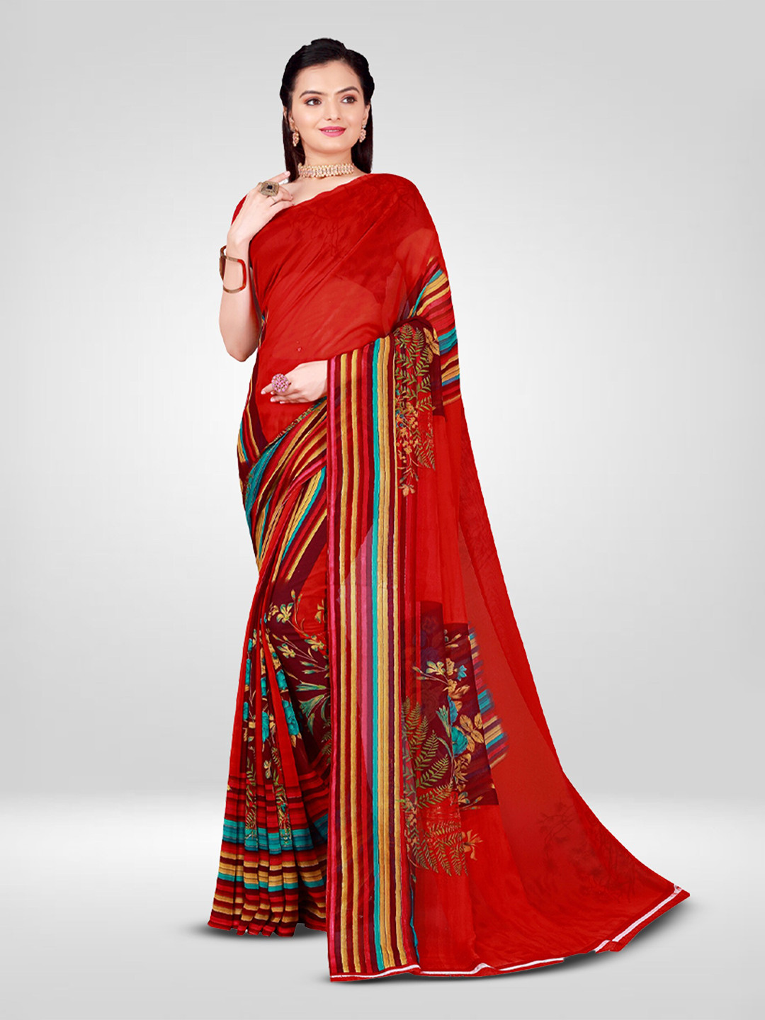 

N N ENTERPRISE Floral Printed Ikat Saree, Red