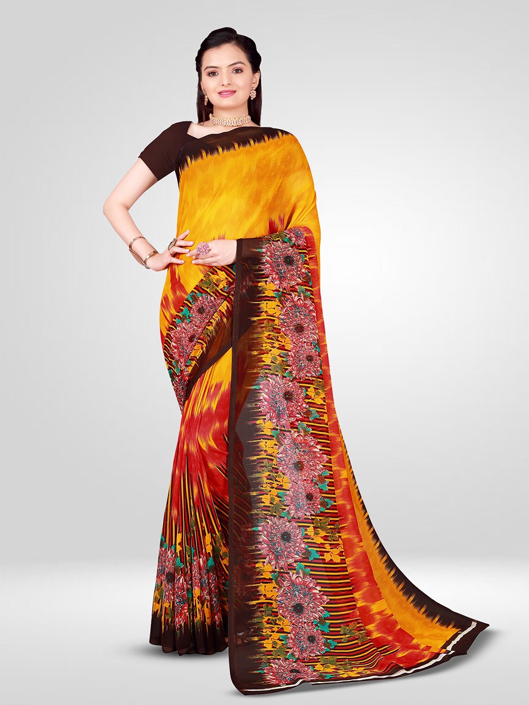 

N N ENTERPRISE Floral Printed Ikat Saree, Brown