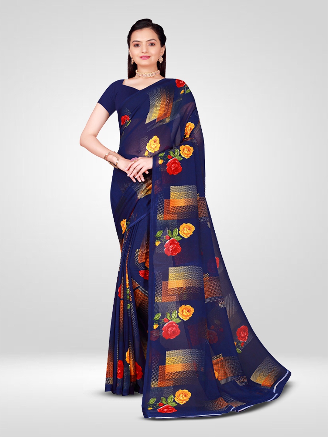 

N N ENTERPRISE Floral Printed Ikat Saree, Navy blue