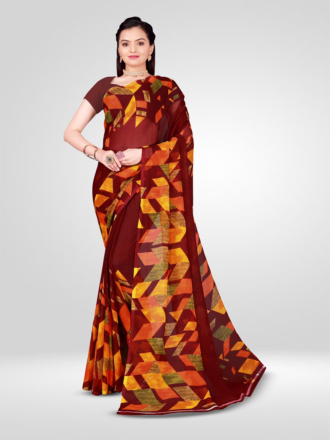 

N N ENTERPRISE Geometric Printed Pure Georgette Saree, Maroon