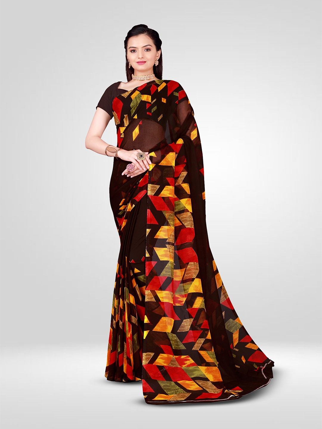 

N N ENTERPRISE Geometric Printed Pure Georgette Saree, Brown