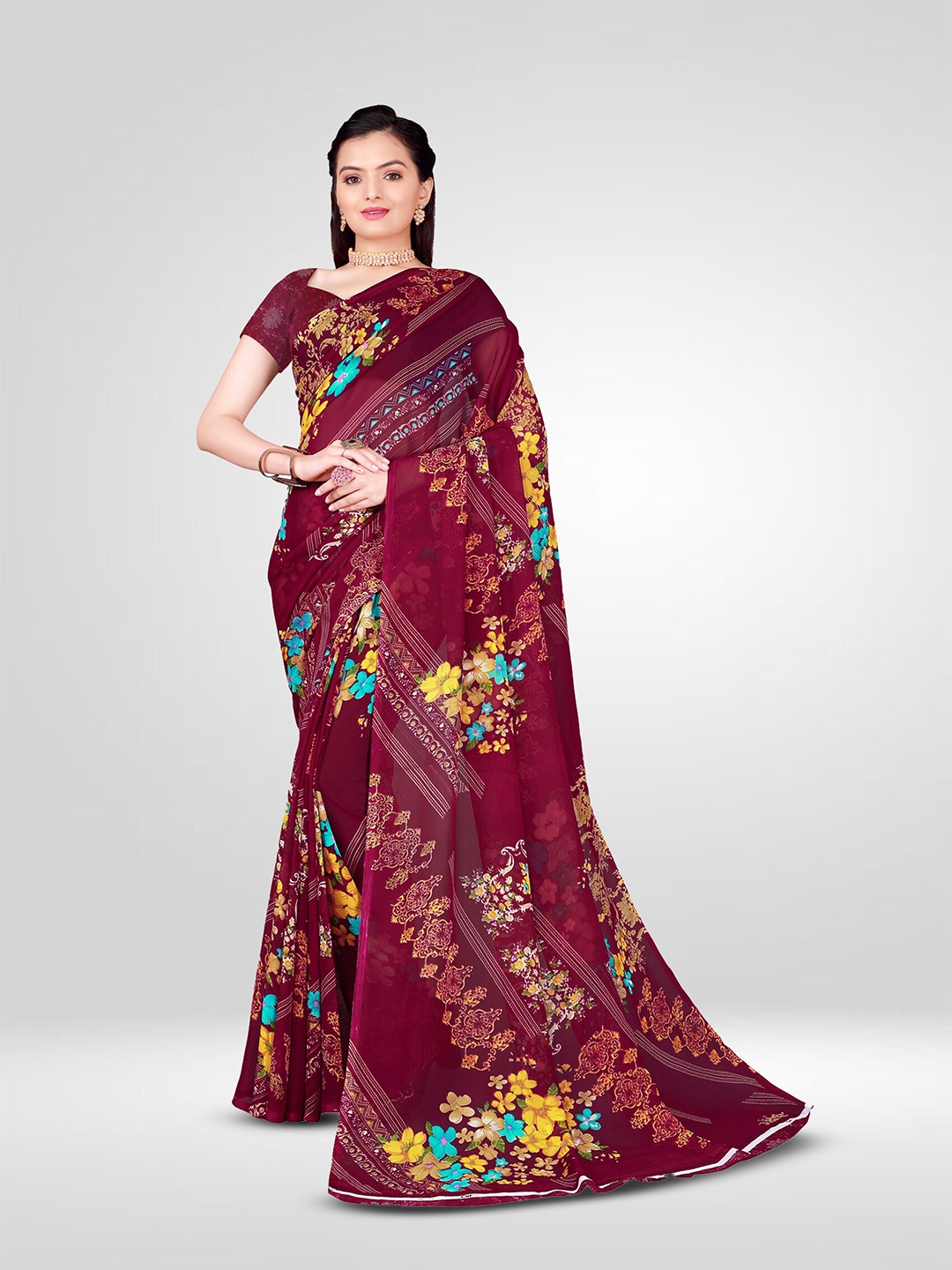 

N N ENTERPRISE Floral Printed Pure Georgette Saree, Purple